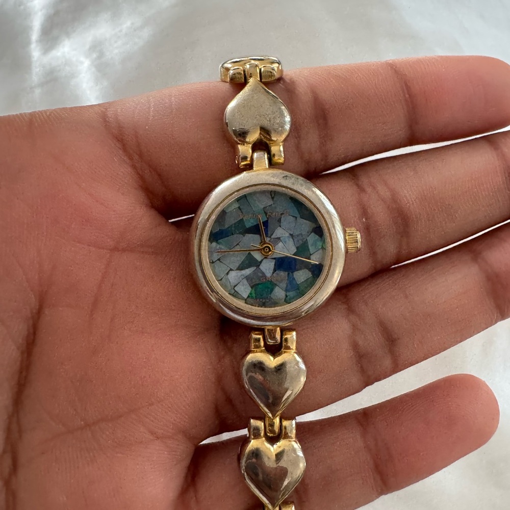 Gold Heart Bracelet Watch with Blue Mosaic Dial